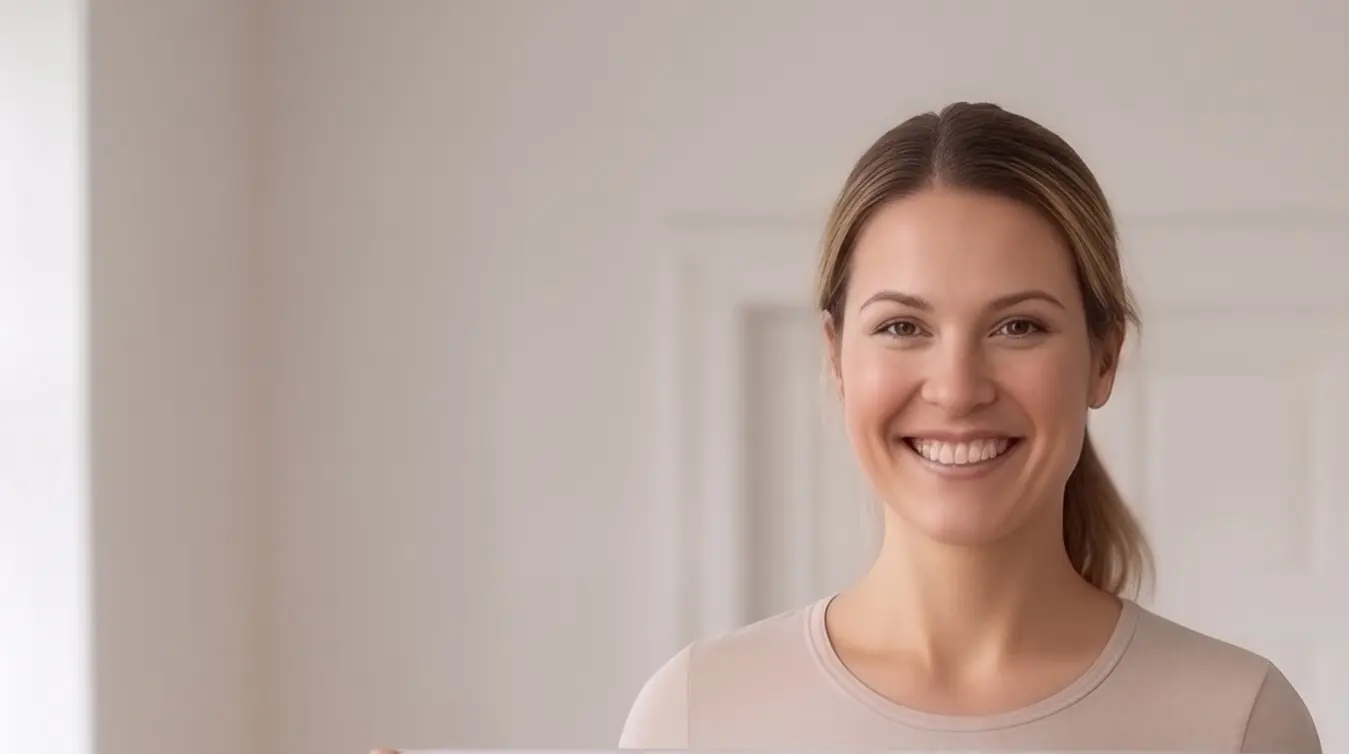 Smilende kvinde med målebånd derhjemme